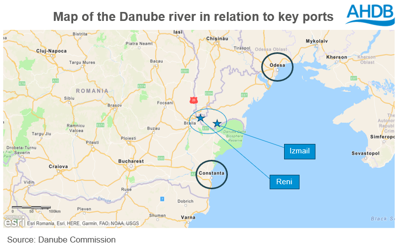 Map of Danube river in relation to ports